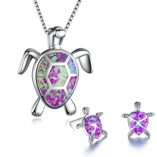 Sea Turtle Set – Silver Necklace & Earrings with Opal