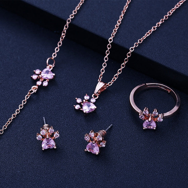 Rose Gold Paw Jewelry Set for Women – 4-Piece Collection with Heart-Shaped Cubic Zirconia: Ring, Necklace, Earrings, and Bracelet